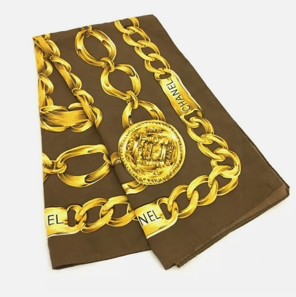 AUTHENTIC  CHANEL CC LOGO CHAIN SILK SCARF /A1092 - Picture 8 of 11